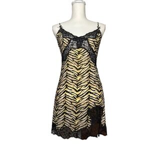 Victorias Secret Slip Dress Animal Print Black Lace Trim Mini‎ Lingerie S/P